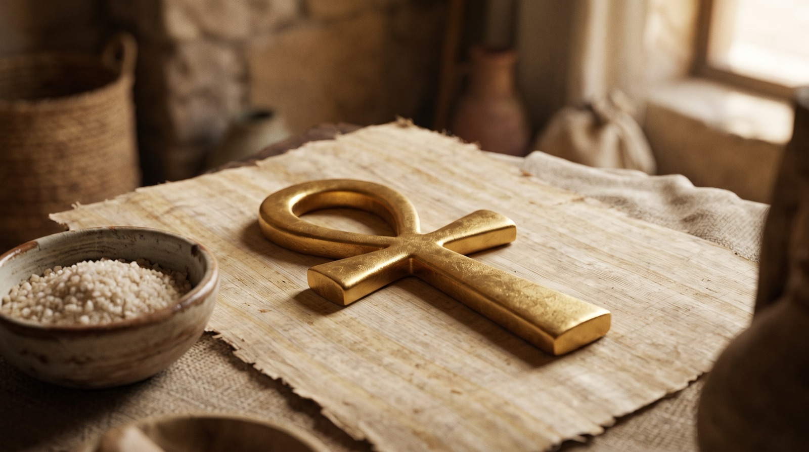 Ankh Symbol Egyptian Life Pendant Plentiful Earth | Global Spirituality A gold ankh a cross with a loop at the top resting on papyrus