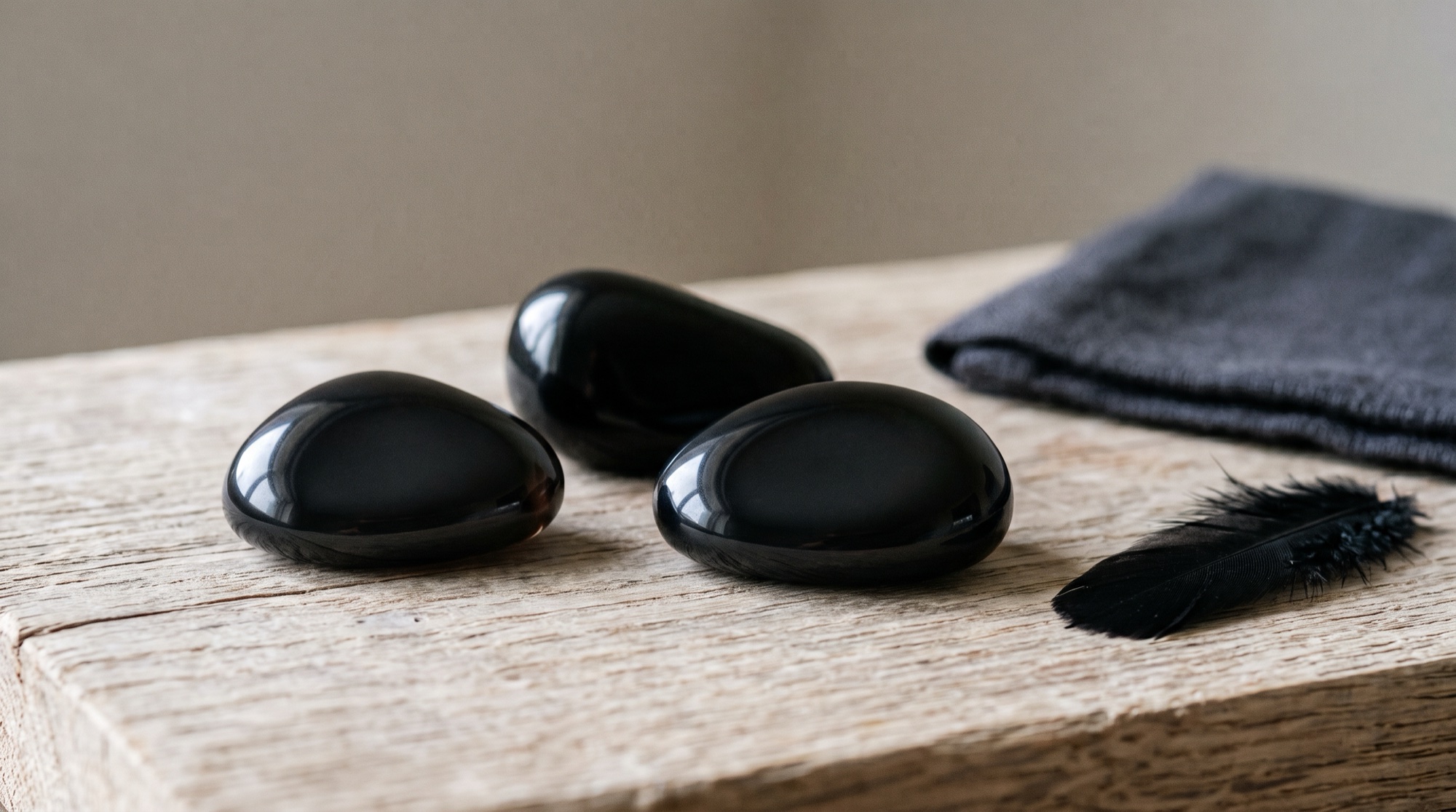 Three smooth tumbled black obsidian stones with soft window reflections on weathered oak beside a black feather and folded charcoal linen