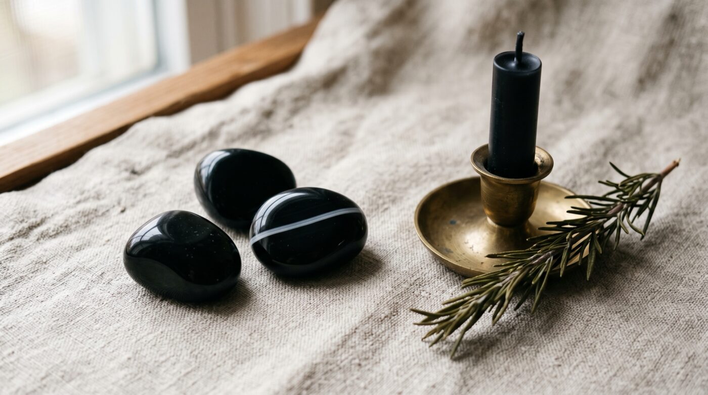 Black onyx stones with black candle and rosemary Plentiful Earth | Global Spirituality Three tumbled black onyx stones on pale linen beside an unlit black taper candle in a brass holder and a sprig of rosemary