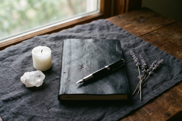 A black leather Book of Shadows on a dark linen altar cloth Plentiful Earth | Global Spirituality A black leather Book of Shadows on a dark linen altar cloth with a white candle clear quartz dried lavender and a pen