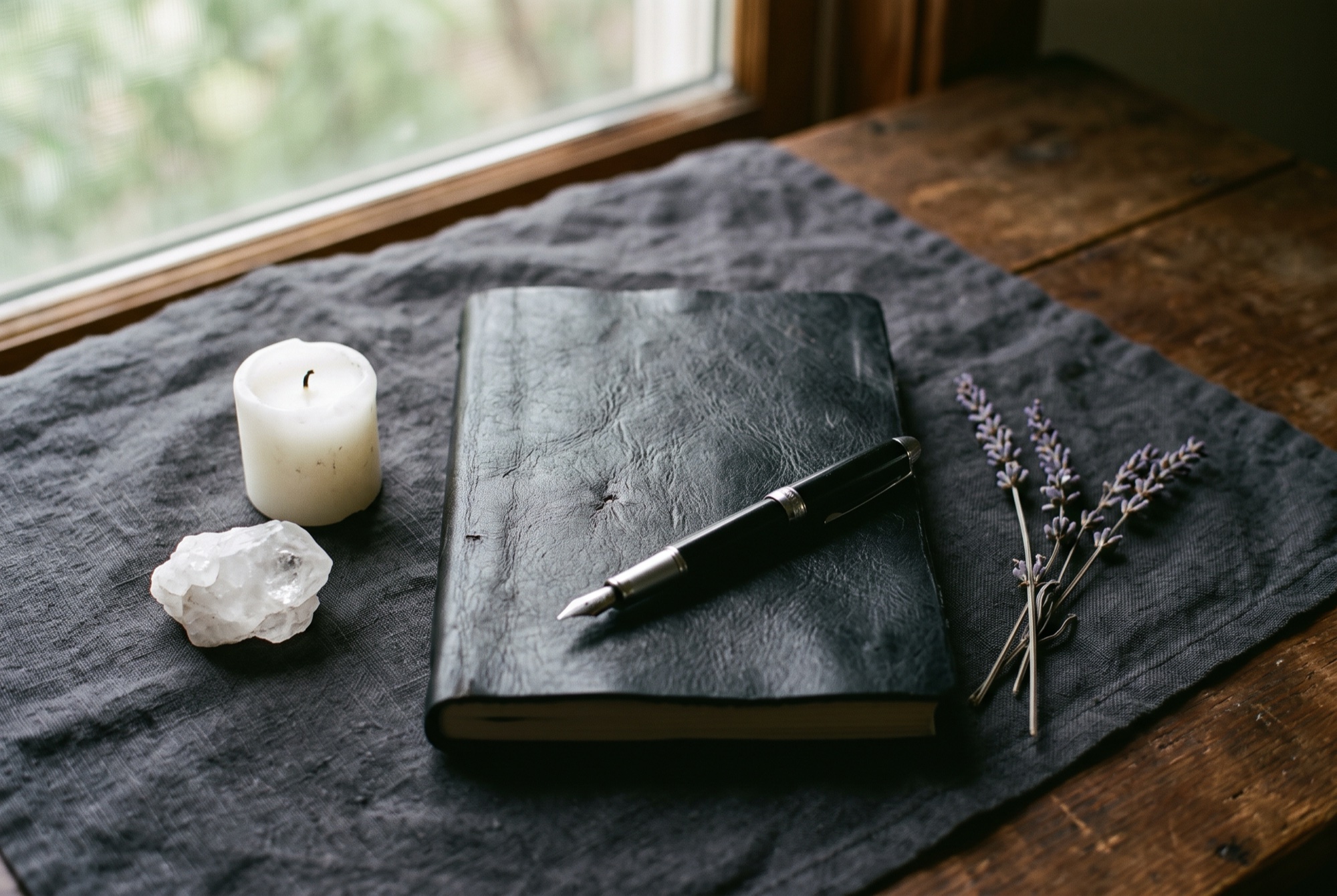 A black leather Book of Shadows on a dark linen altar cloth with a white candle, clear quartz, dried lavender, and a pen