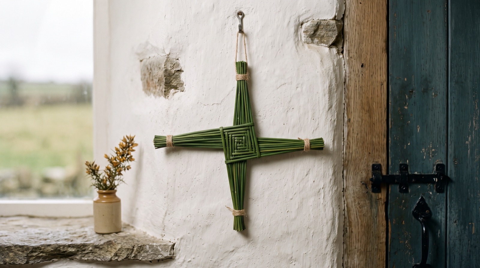Brigids Cross Woven Rushes Imbolc Plentiful Earth | Global Spirituality A Brigids cross woven from green rushes four arms around a woven square center hanging by a door