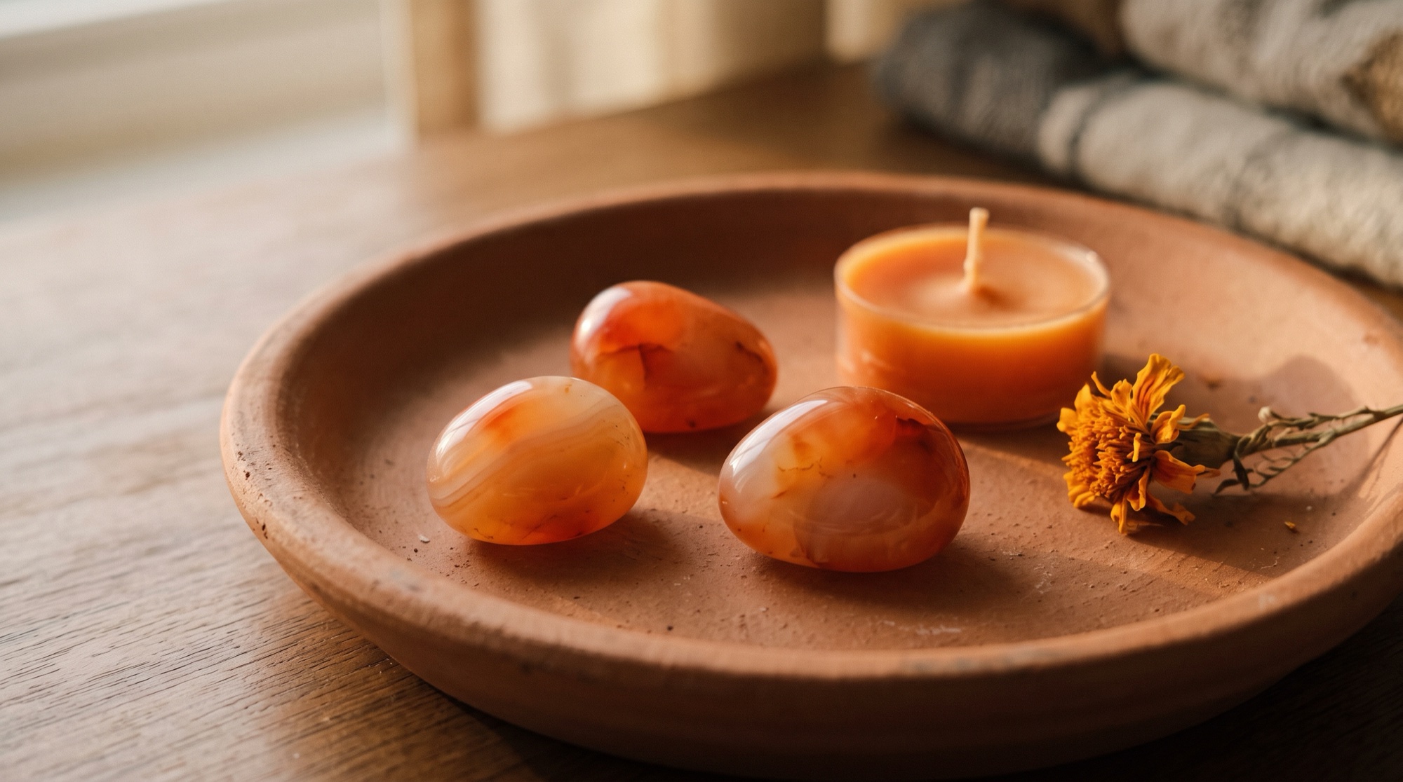 Three tumbled carnelian stones with a translucent orange glow on a terracotta dish beside an unlit orange candle and a sprig of dried marigold