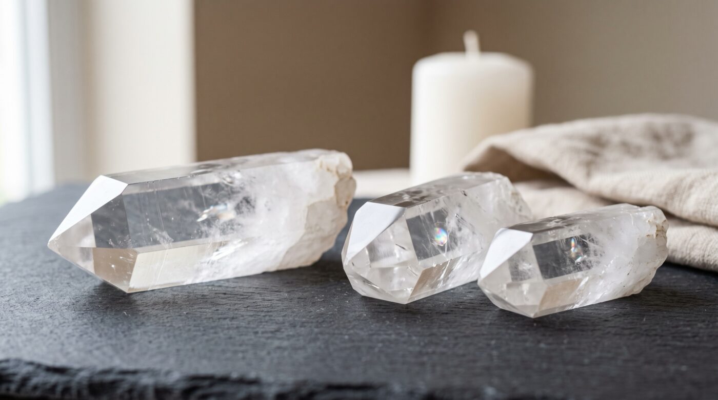 Natural clear quartz points on slate Plentiful Earth | Global Spirituality Three natural clear quartz points lying on a slate tile with a folded linen cloth and an unlit white candle behind them