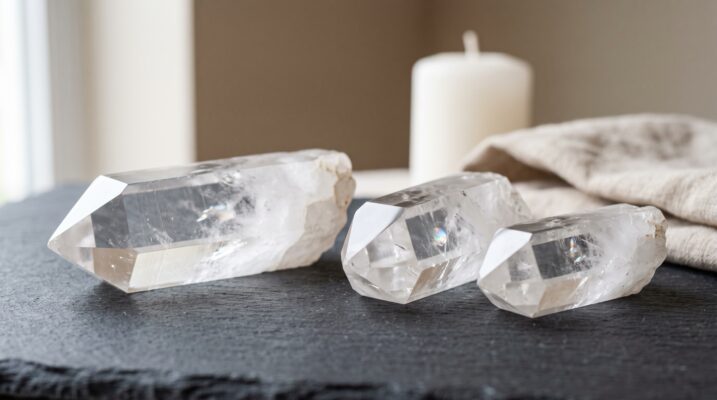 Natural clear quartz points on slate Plentiful Earth | Global Spirituality Three natural clear quartz points lying on a slate tile with a folded linen cloth and an unlit white candle behind them