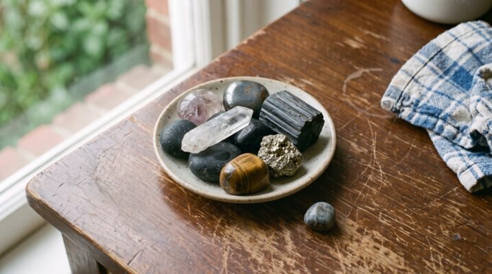 Protection crystals in a dish by the window Plentiful Earth | Global Spirituality A shallow ceramic dish of worn protection crystals on a scuffed wooden table by a window raw black tourmaline black obsidian hematite pyrite a clear quartz point tigers eye and a pale amethyst