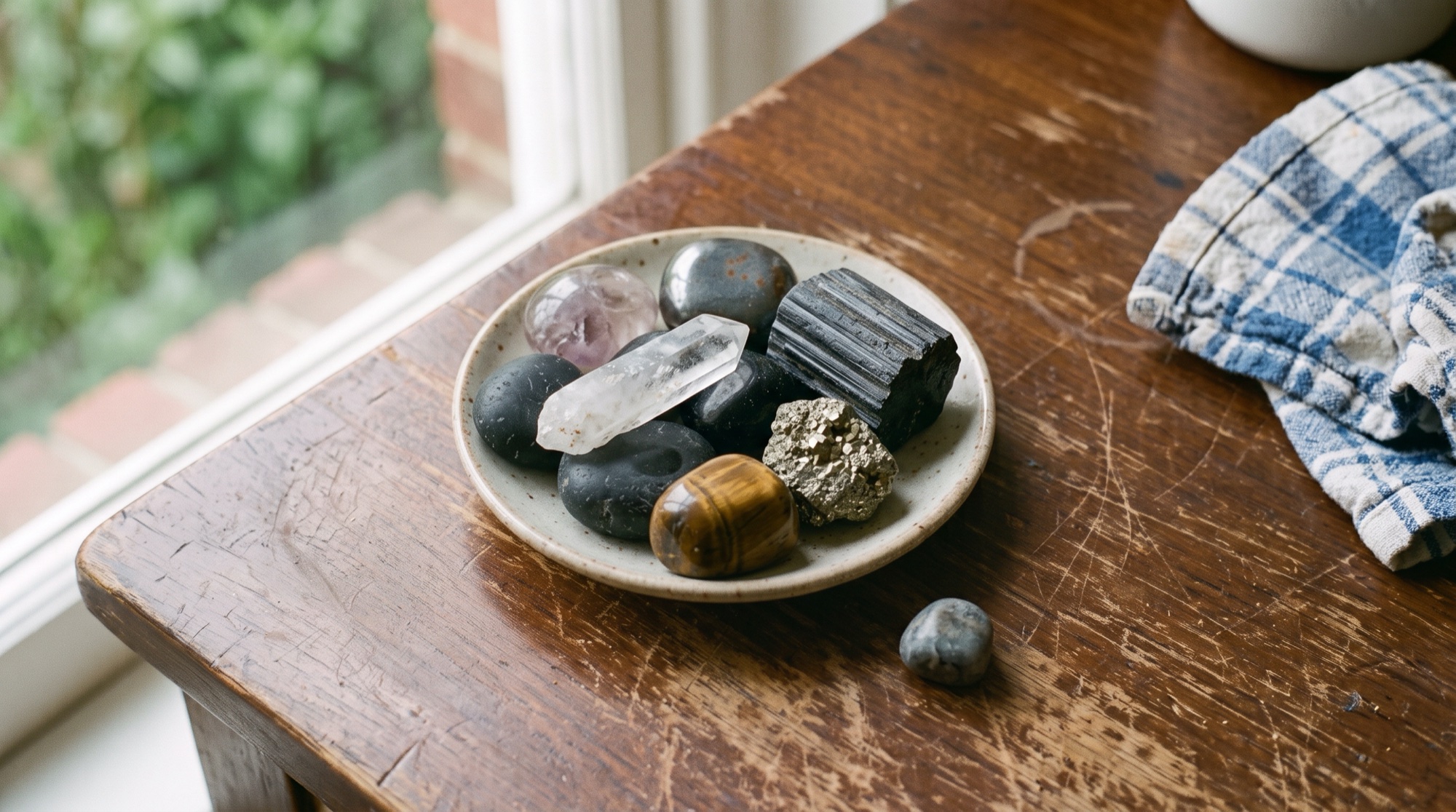 A shallow ceramic dish of worn protection crystals on a scuffed wooden table by a window: raw black tourmaline, black obsidian, hematite, pyrite, a clear quartz point, tiger's eye, and a pale amethyst