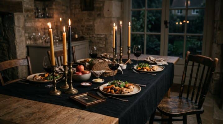 Dumb Supper Plentiful Earth | Global Spirituality A candlelit dinner table set with an empty chair and a full place setting for the dead