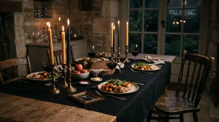Dumb Supper Plentiful Earth | Global Spirituality A candlelit dinner table set with an empty chair and a full place setting for the dead