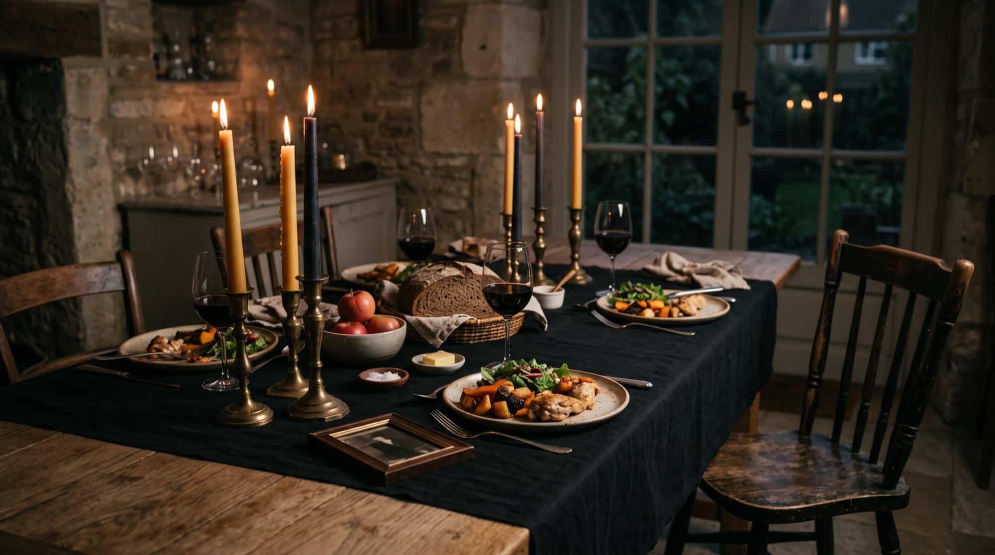 A candlelit dinner table set with an empty chair and a full place setting for the dead