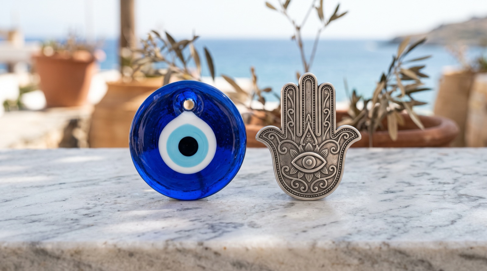 Evil Eye Nazar And Hamsa Protection Charms Plentiful Earth | Global Spirituality A blue glass evil eye charm and a silver hamsa hand with an eye in the palm side by side