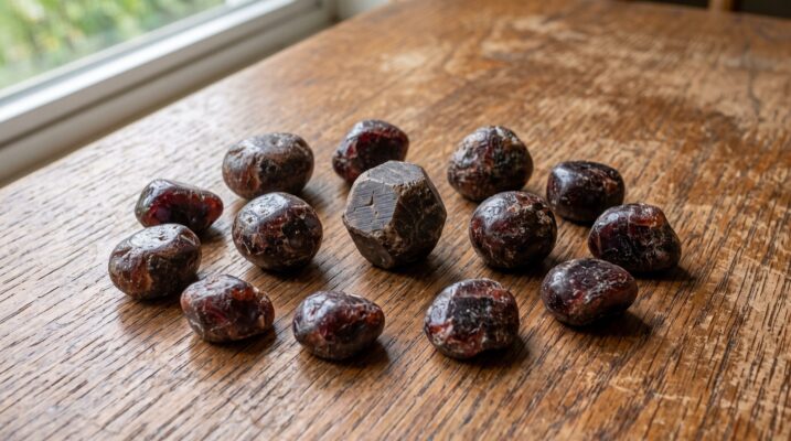 Garnet tumbled stones and rough crystal Plentiful Earth | Global Spirituality Dark red tumbled garnet stones and one rough twelve sided garnet crystal on a wooden table