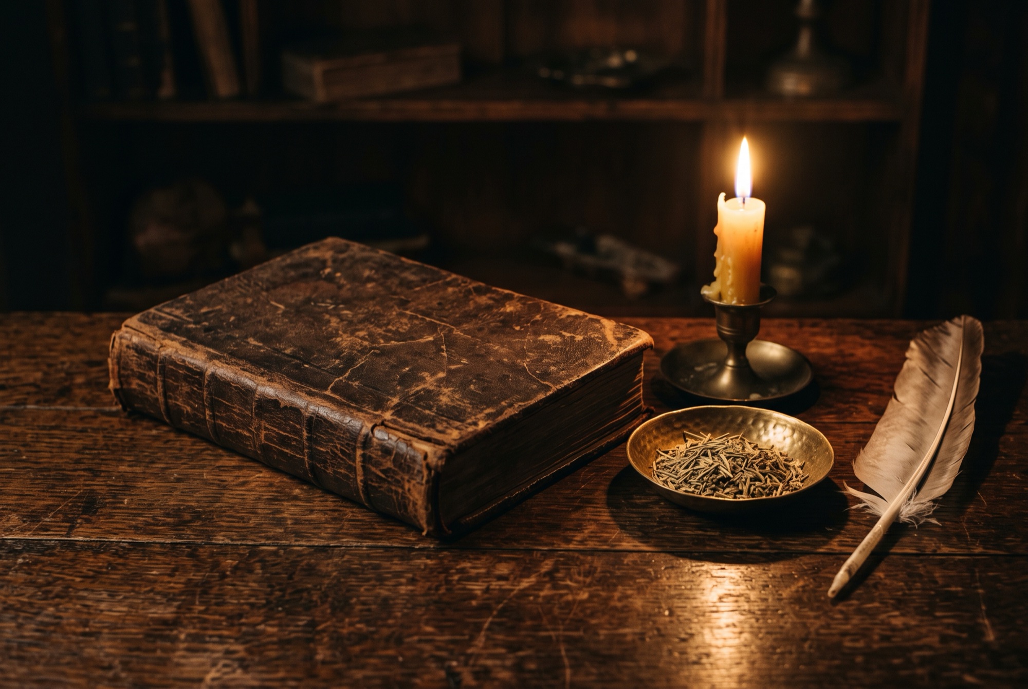 An old leather-bound grimoire on a dark oak desk beside a lit beeswax candle, a dish of dried rosemary, and a quill