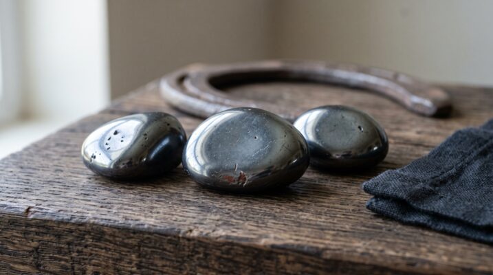 Tumbled hematite stones with an iron horseshoe Plentiful Earth | Global Spirituality Three mirror gray tumbled hematite stones on weathered oak beside a folded dark linen square and an iron horseshoe