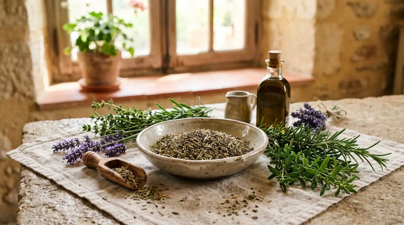 Herbs de Provence Plentiful Earth | Global Spirituality A bowl of dried herbes de Provence with fresh lavender, thyme, and rosemary sprigs on linen in a sunlit stone kitchen