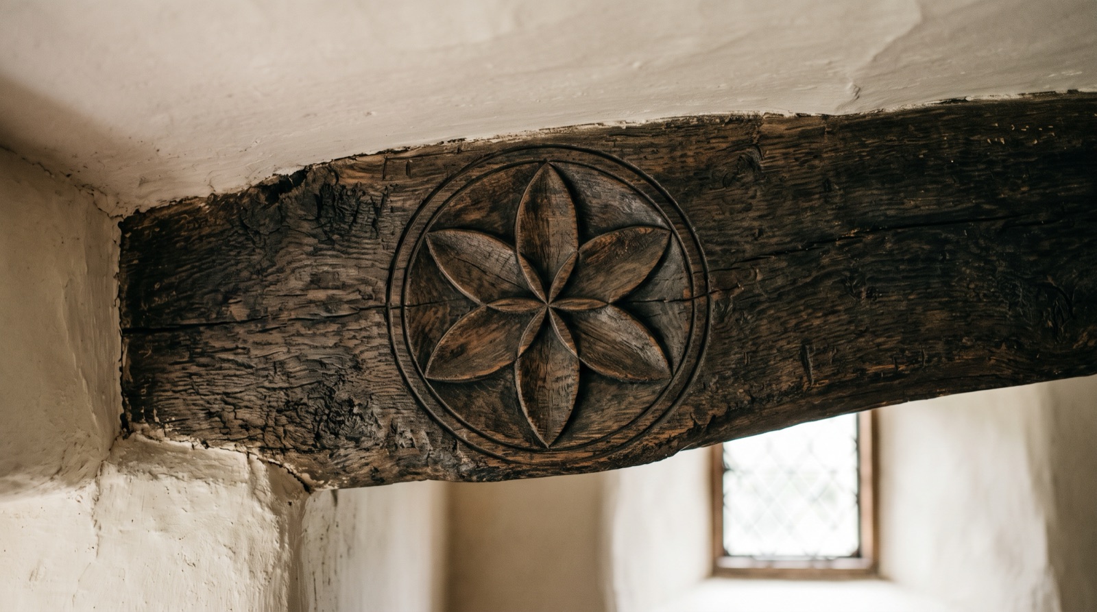 Hexafoil Daisy Wheel Carved Oak Beam Plentiful Earth | Global Spirituality A hexafoil a six petaled daisy wheel drawn with a compass carved into an old oak beam