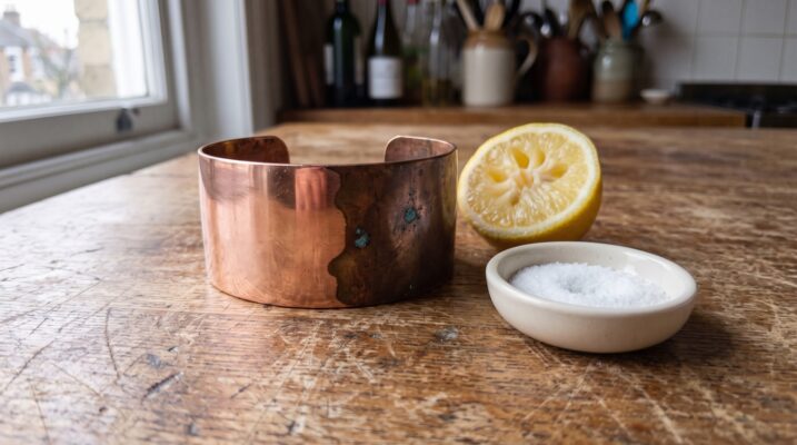 How to clean copper with lemon and salt Plentiful Earth | Global Spirituality Copper cuff bracelet half polished and half tarnished beside a cut lemon and a dish of salt