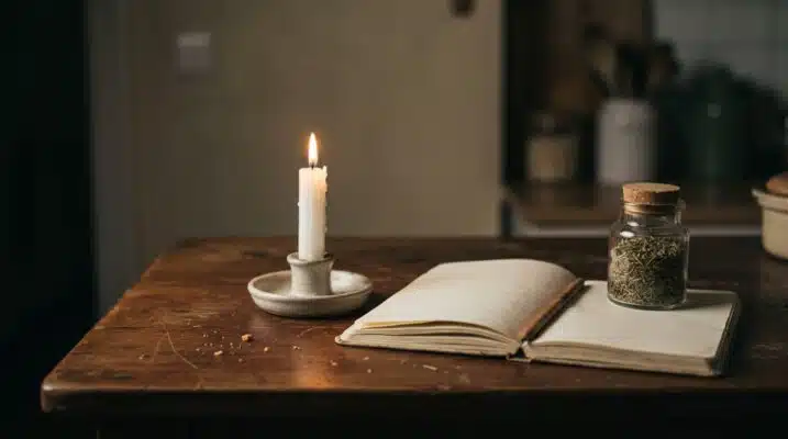 Is Witchcraft Real Plentiful Earth | Global Spirituality A lit white candle beside an open notebook and a jar of dried herbs on a kitchen table at night