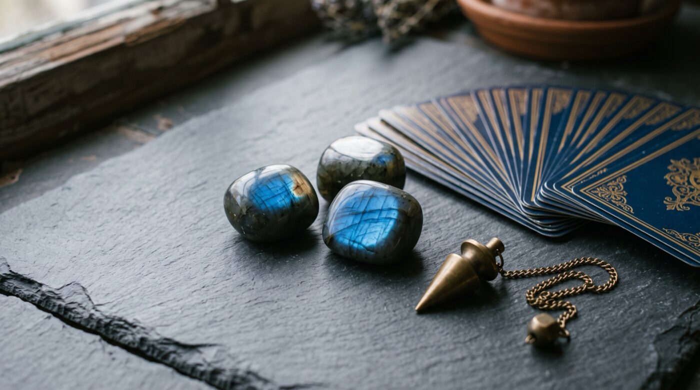 Labradorite stones with tarot deck and pendulum Plentiful Earth | Global Spirituality Three tumbled labradorite stones with a blue flash on a slate tile beside a fanned tarot deck and a brass pendulum