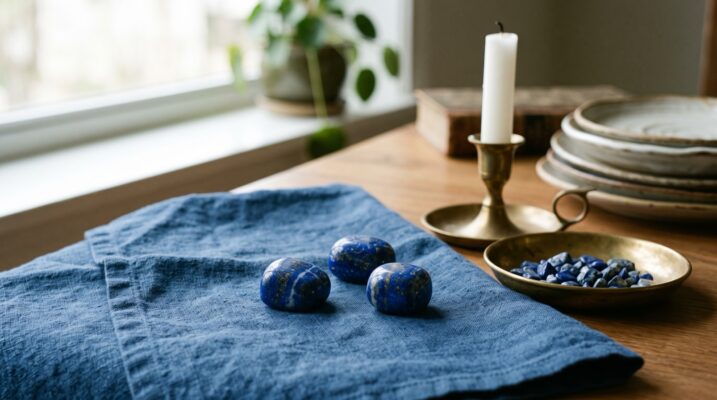 Lapis lazuli tumbled stones on indigo linen Plentiful Earth | Global Spirituality Three tumbled lapis lazuli stones with gold pyrite flecks and white calcite veins on indigo linen beside a brass dish of lapis chips and a white candle