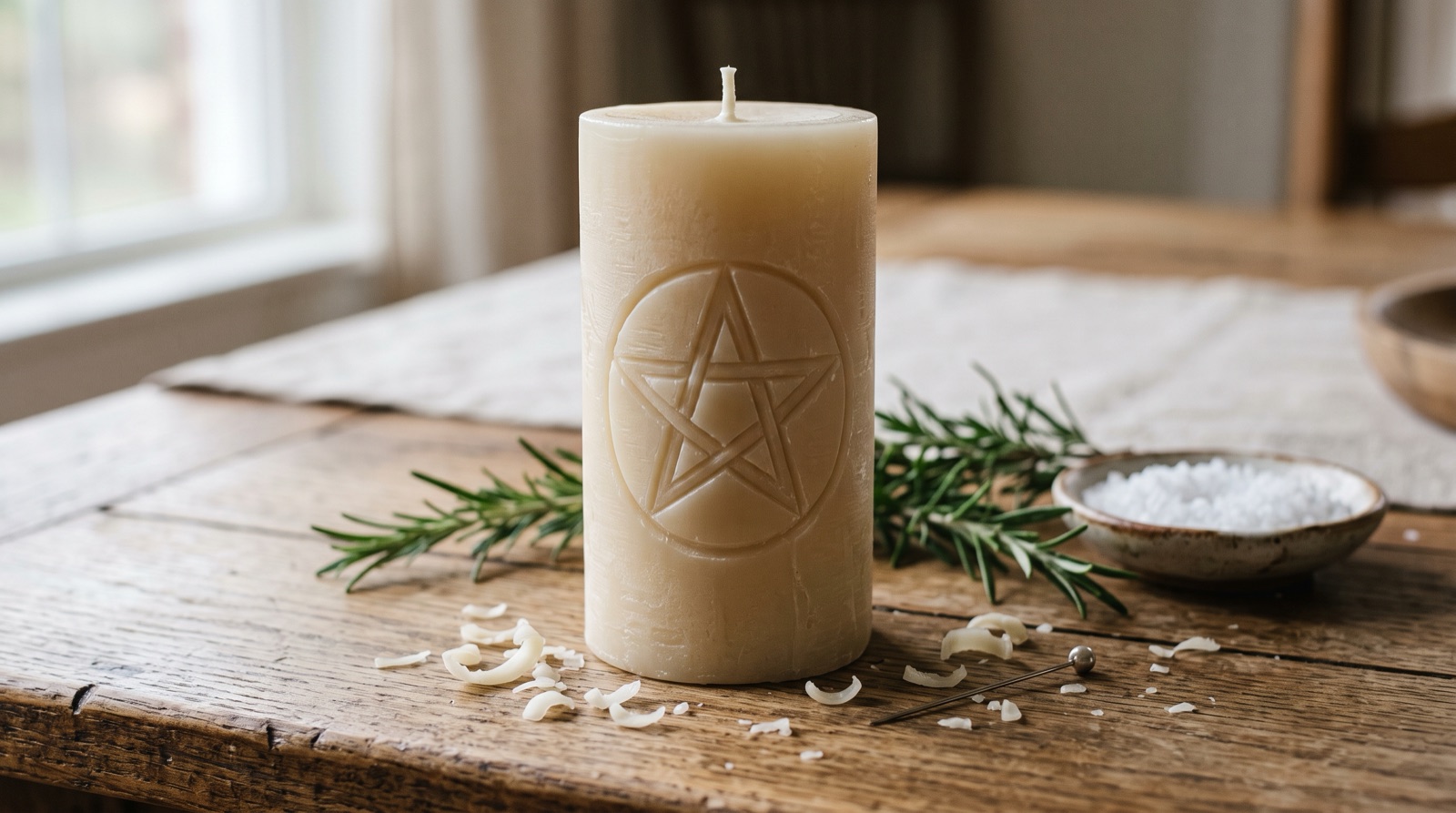 Pentacle Carved Into White Candle Plentiful Earth | Global Spirituality A pentacle carved into the side of a white pillar candle with a pin beside it