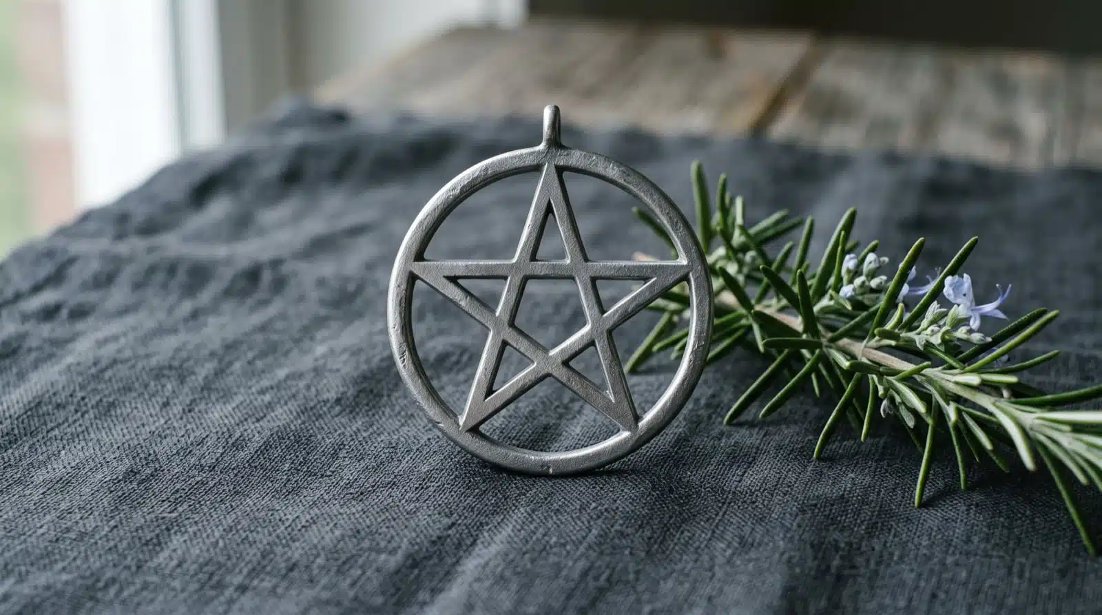 Pentacle Symbol Pewter Pendant Plentiful Earth | Global Spirituality A pentacle pendant a five pointed star inside a circle resting on dark linen