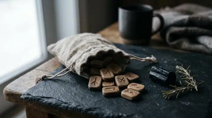 Protection Runes Plentiful Earth | Global Spirituality Carved wooden rune tiles spilling from a linen pouch onto slate beside black tourmaline and rosemary