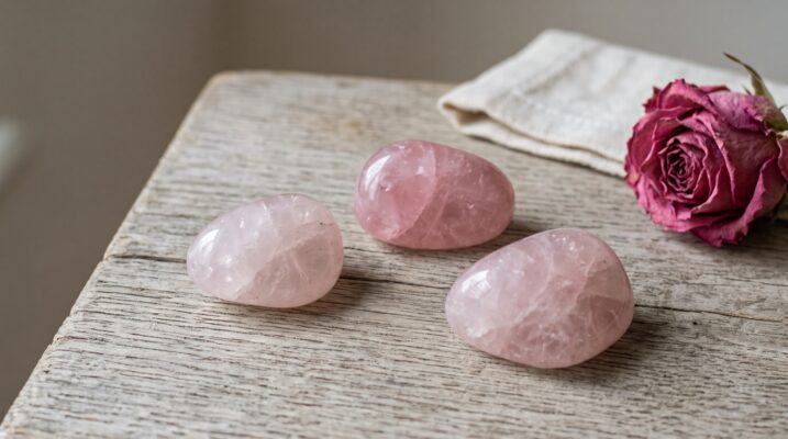 Tumbled rose quartz stones with a dried rose Plentiful Earth | Global Spirituality Three tumbled rose quartz stones in pale and deeper pink on weathered oak beside a dried rose and folded cream linen