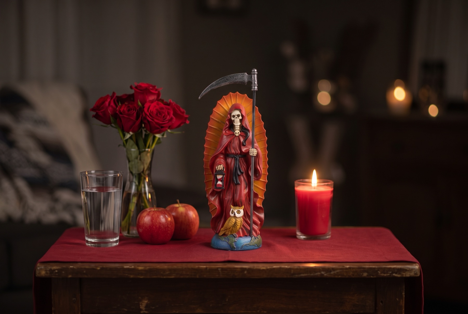 A Santa Muerte statue in a red robe with a scythe, hourglass lantern, and owl on a home altar with red roses, apples, a glass of water, and a lit red candle