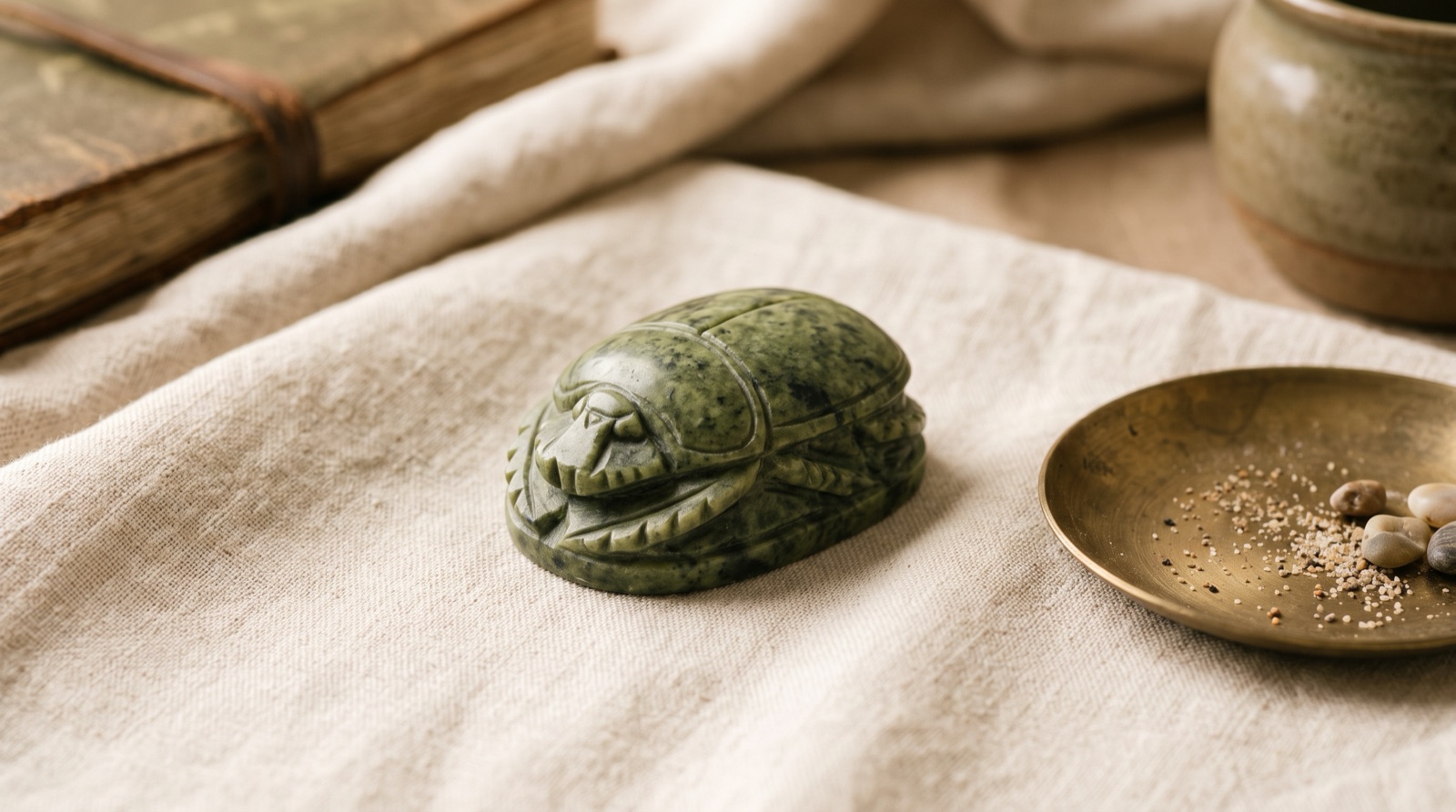 Scarab Beetle Amulet Egyptian Rebirth Plentiful Earth | Global Spirituality A carved green stone scarab beetle amulet on linen