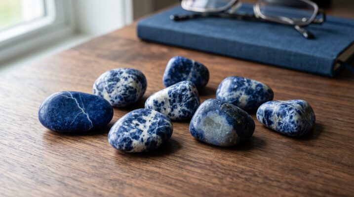 Tumbled sodalite stones on a desk Plentiful Earth | Global Spirituality Rounded tumbled sodalite stones royal blue veined with white on a walnut desk beside a closed blue notebook and reading glasses