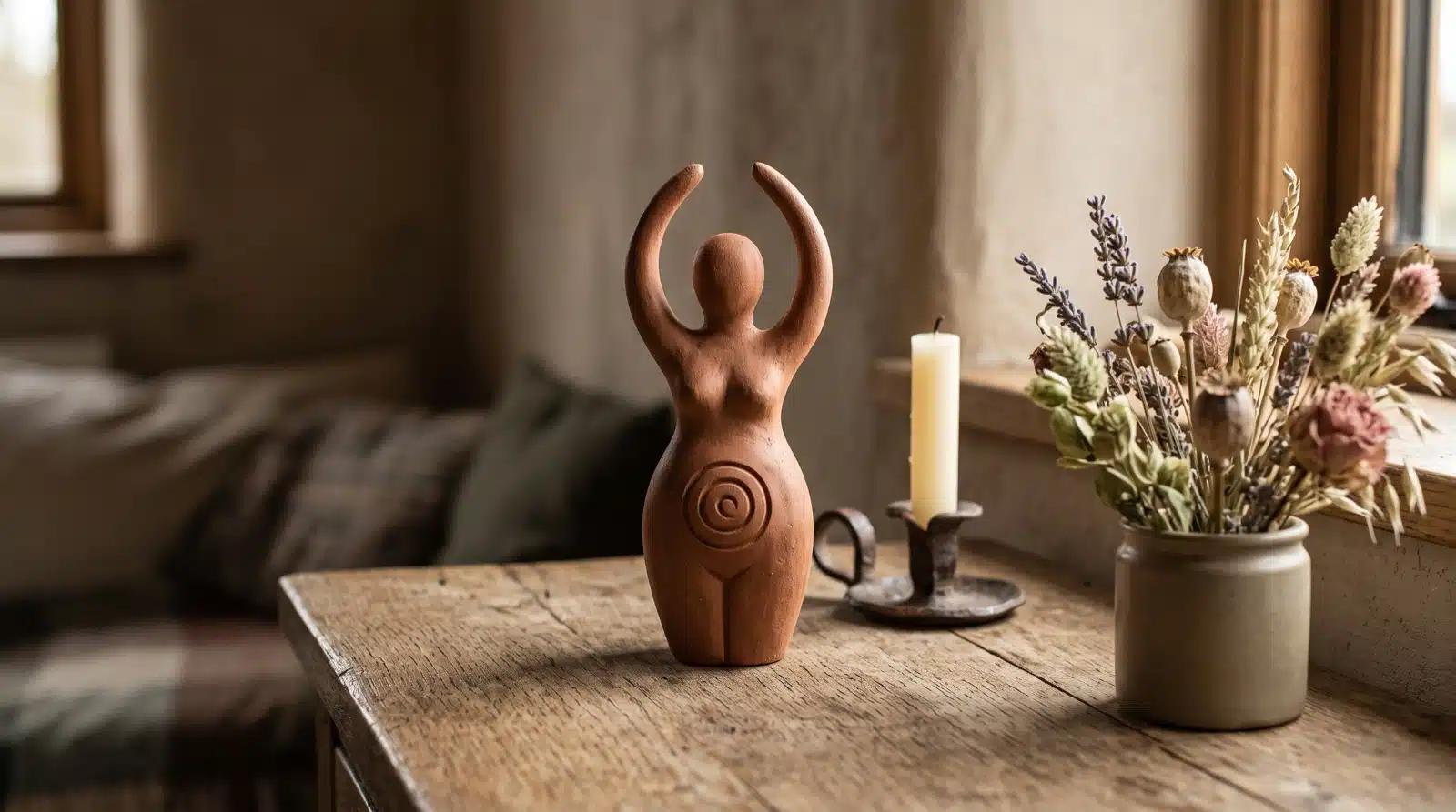 Spiral Goddess Statue Altar Plentiful Earth | Global Spirituality A small clay spiral goddess statue with raised arms and a spiral over her belly