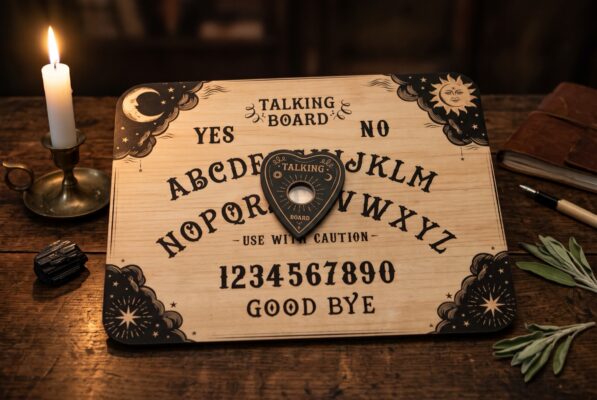 Spirit board with planchette by candlelight Plentiful Earth | Global Spirituality Ouija board on a wooden table with a lit candle and a triangular planchette resting in the center surrounded by herbs on the right