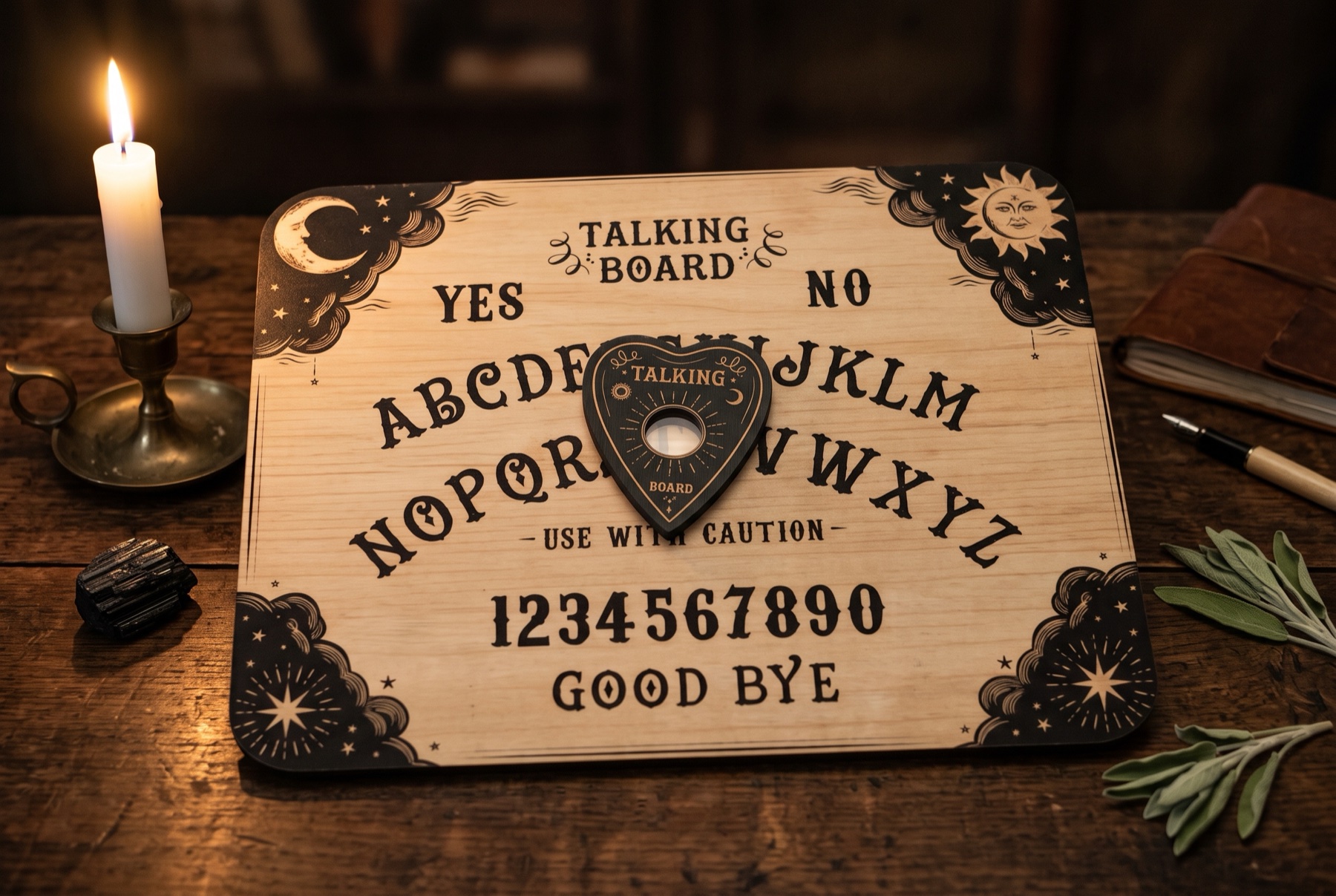 Ouija board on a wooden table with a lit candle and a triangular planchette resting in the center, surrounded by herbs on the right.