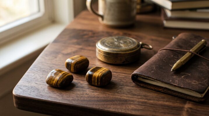 Tigers eye tumbled stones on a walnut desk Plentiful Earth | Global Spirituality Three tumbled tigers eye stones with golden brown chatoyant bands on a walnut desk beside a brass compass and a leather notebook