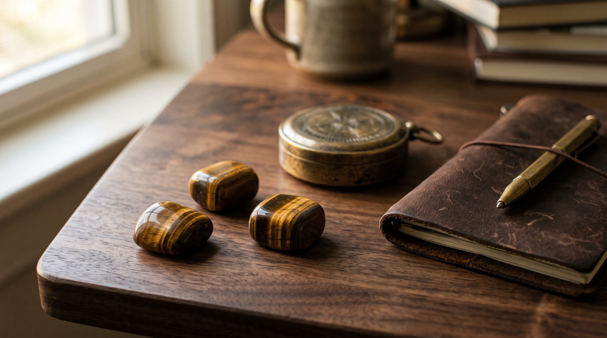 Three tumbled tiger’s eye stones with golden brown chatoyant bands on a walnut desk beside a brass compass and a leather notebook