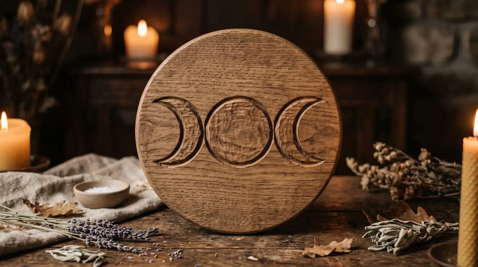 Triple Moon Symbol Goddess Altar Tile Plentiful Earth | Global Spirituality A triple moon symbol waxing crescent full moon and waning crescent carved into a round wooden altar tile