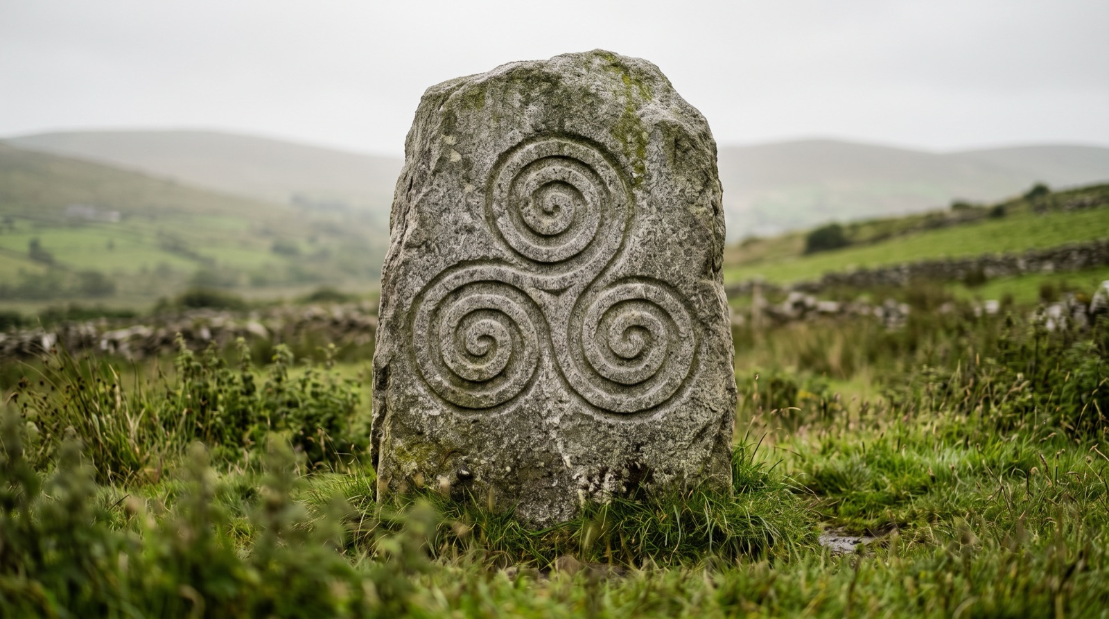 Triskelion Triple Spiral Newgrange Stone Plentiful Earth | Global Spirituality A triskelion three spirals turning out from one center carved into grey stone