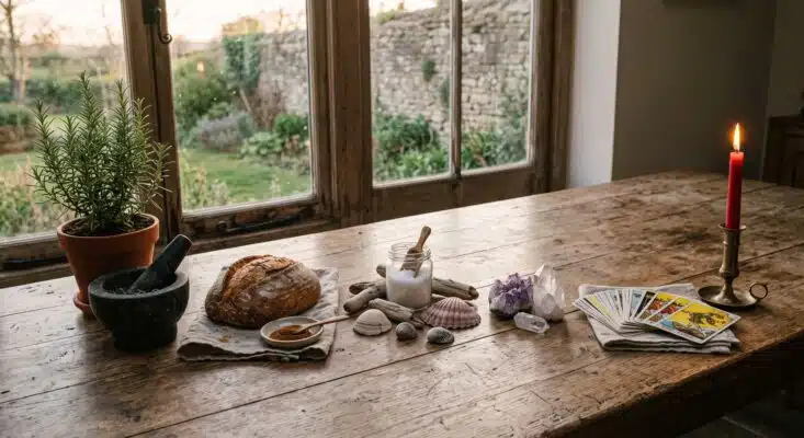 Types of Witches Plentiful Earth | Global Spirituality A wooden table set with herbs bread shells crystals tarot cards and a red candle one station for each type of witch