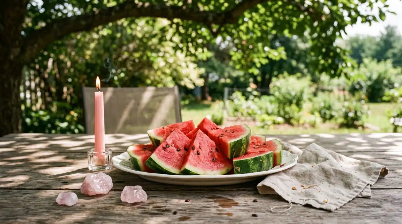 Watermelon Spiritual Uses Plentiful Earth | Global Spirituality Watermelon wedges on a sunlit summer table with a pink candle and rose quartz