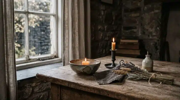 What Is Witchcraft Plentiful Earth | Global Spirituality A simple witchcraft altar with a candle in a bowl dried lavender and sage and a bottle of oil on a wooden table