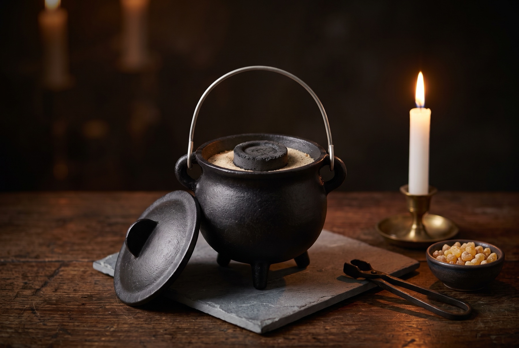 A small black cast iron cauldron with a wire handle on a slate altar tile, holding sand and a charcoal tablet, its lid beside it, with tongs, a lit white candle, and a bowl of frankincense resin