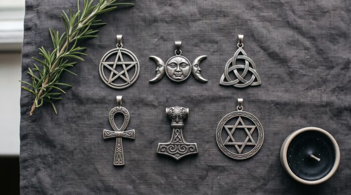 Witch Symbols And Meanings Pendants Flat Lay Plentiful Earth | Global Spirituality Witch symbol pendants laid out on dark linen a pentacle a triple moon a triquetra an ankh a Thors hammer and a Seal of Solomon