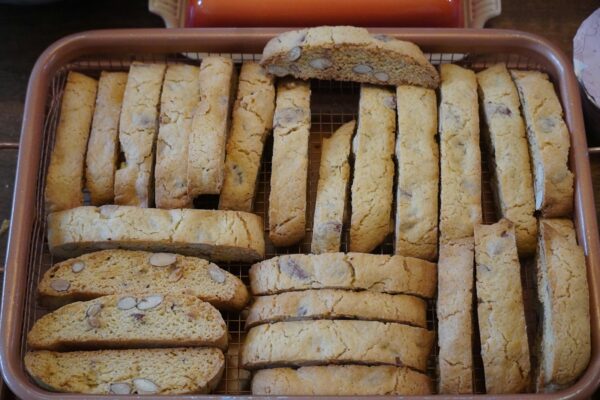 Almond Biscotti Plentiful Earth | Global Spirituality Tray of homemade almond biscotti fresh from the oven