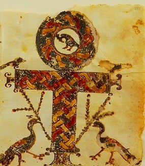 Coptic ankh cross Glazier Codex Plentiful Earth | Global Spirituality A painted Coptic ankh cross with interlaced red and gold patterns and two birds beneath its arms, from the Glazier Codex