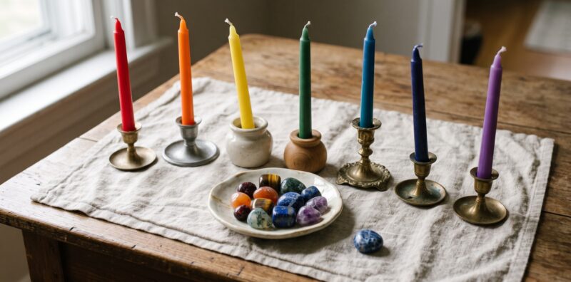 Aura colors rainbow candles and crystals Plentiful Earth | Global Spirituality Seven taper candles in rainbow order in mismatched holders with a dish of tumbled garnet carnelian tigers eye moss agate sodalite lapis lazuli and amethyst