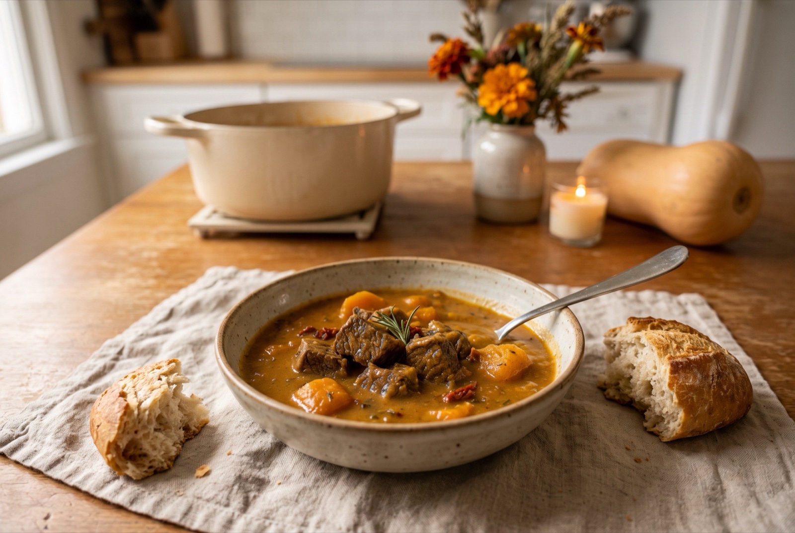 Bowl of beef and butternut squash stew with tender beef in a velvety gravy, rosemary sprig, and crusty bread on a kitchen table