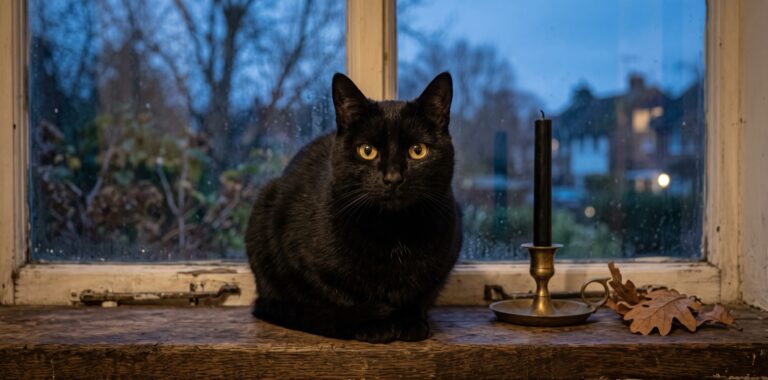 Black cat sitting on a weathered wooden windowsill beside a lit brass candle holder, autumn leaves scattered nearby.