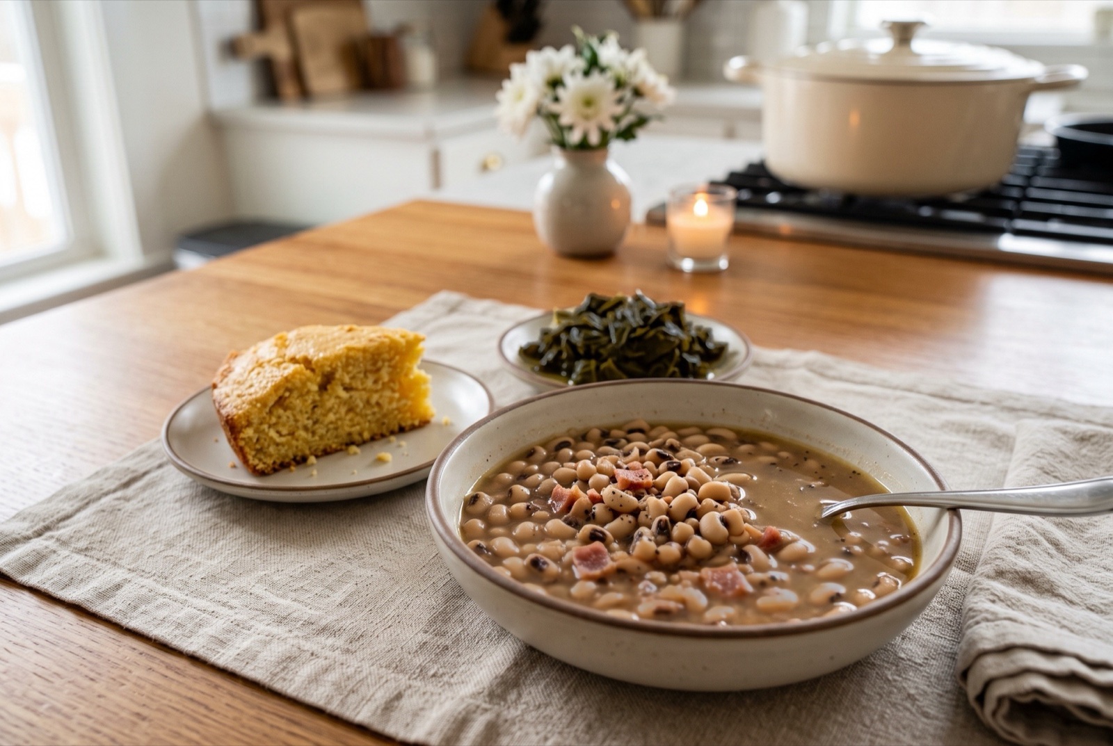 Bowl of Southern black-eyed peas with bacon, served with cornbread and collard greens for New Year's Day