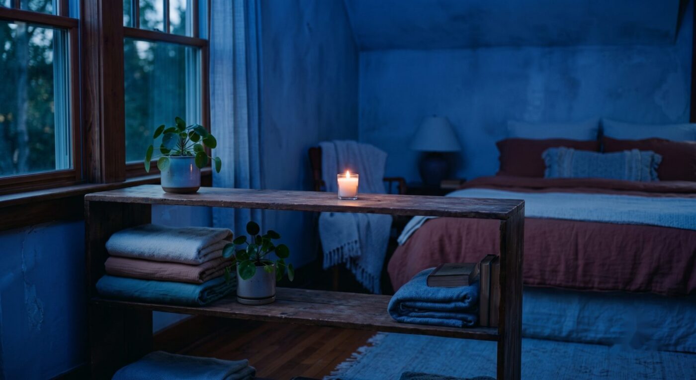 bluelightbedroom Plentiful Earth | Global Spirituality Cozy bedroom scene with a lit candle on a wooden shelf a potted plant folded towels and a bed with red linens in blue lighting